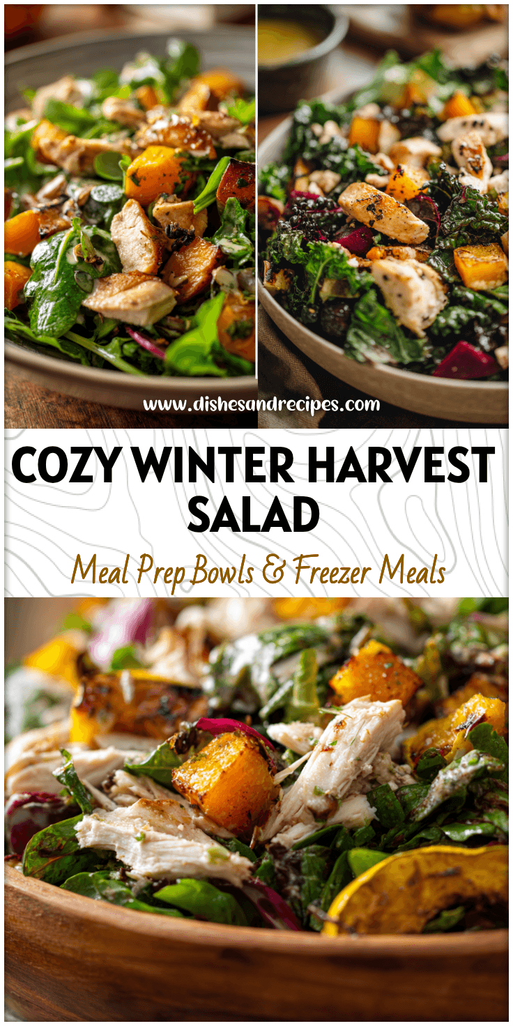 A bowl of Winter Harvest Chicken Salad with roasted squash, greens, and chicken for Fall Salads For Thanksgiving.